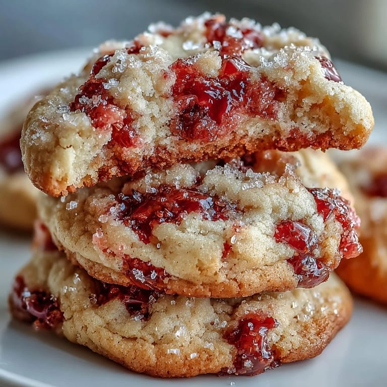Homemade Soft Chewy Raspberry Sugar Cookies reveal a soft crumb and juicy raspberries on a rustic wooden table.