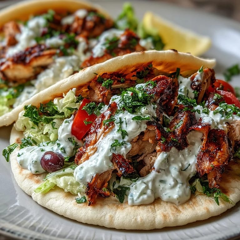 Homemade creamy feta tzatziki drizzled over assembled Mediterranean Chicken Gyros, garnished with fresh dill and lemon wedges.