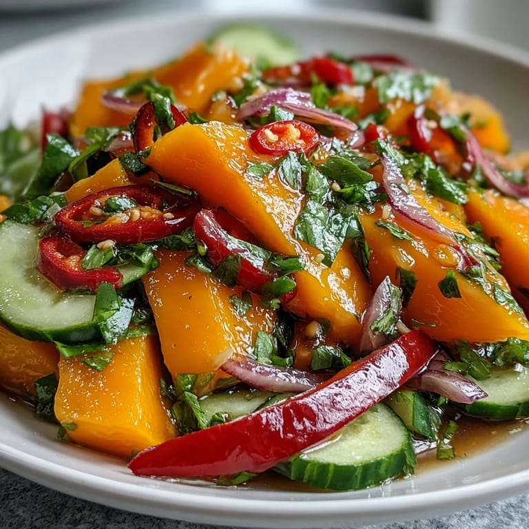 Ready to serve, the Refreshing Mango Salad with Lime Dressing showcases colorful ingredients, ideal for a light, healthy vegetarian dinner or potluck side.