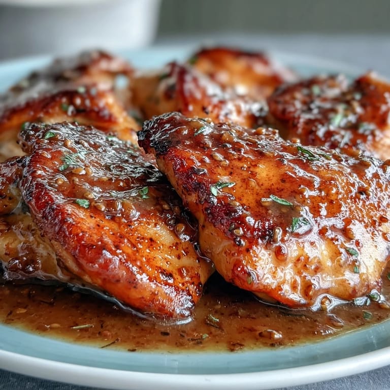 Golden brown slow cooker honey mustard chicken pieces plated with roasted carrots and drizzled with extra sauce.