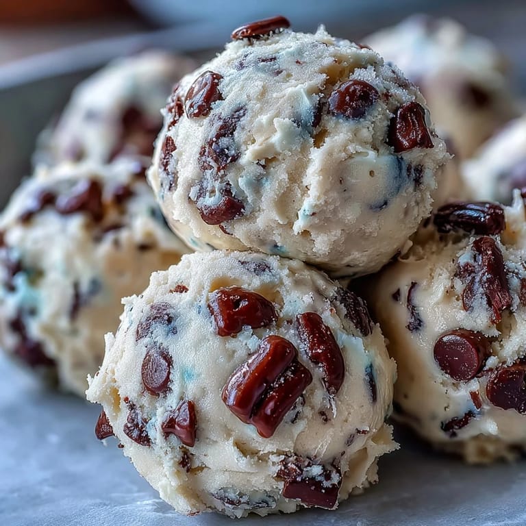 Freshly mixed Greek Yogurt Cookie Dough is packed with mini chocolate chips in a glass bowl with a wooden spoon.