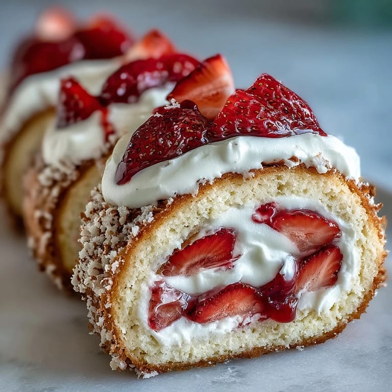 Platter of pinwheel Strawberry Shortcake Sushi Roll with golden crepes, airy sponge cake, and berry brightness.
