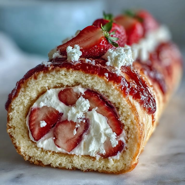 A hand drizzles white chocolate over Strawberry Shortcake Sushi Roll pinwheels, garnished with mint leaves.