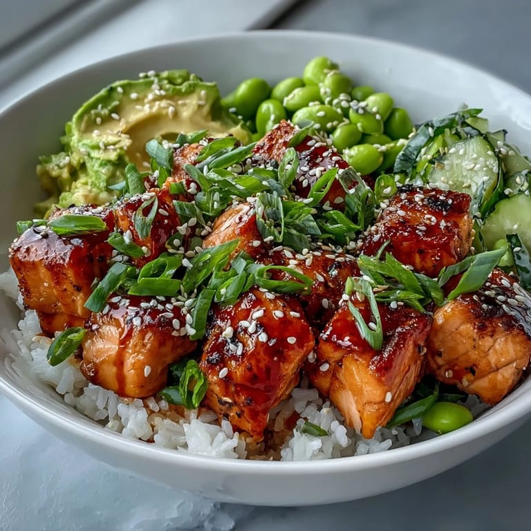 A finished Salmon Rice Bowl showcases fluffy jasmine rice base, drizzled with spicy sriracha mayo and sprinkled with toasted sesame seeds.