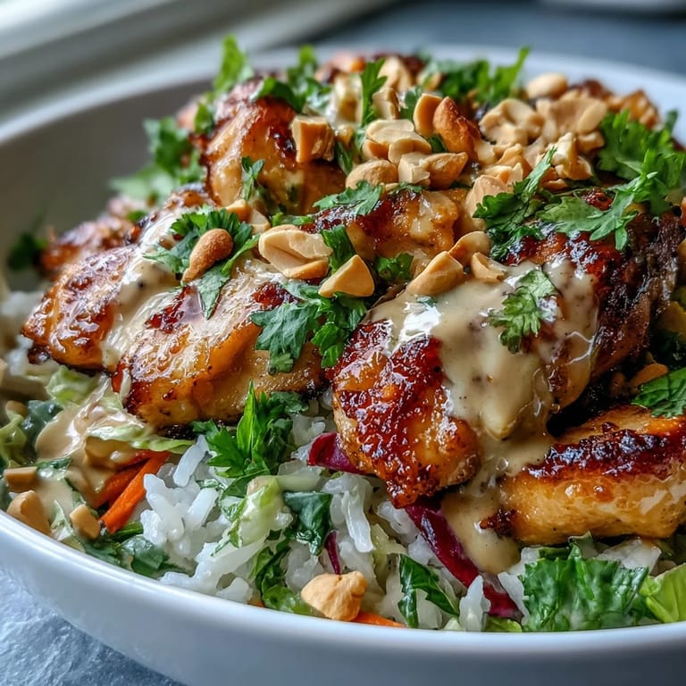 Serve this satisfying Peanut Chicken Protein Bowl for a healthy lunch, showcasing tender chicken, crisp vegetables, and fragrant coconut rice garnished with fresh herbs.