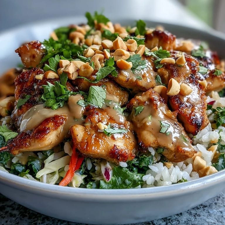 This colorful Peanut Chicken Protein Bowl features julienned carrots and chopped peanuts, ready for a creamy Thai-inspired peanut sauce drizzle over the bed of rice.