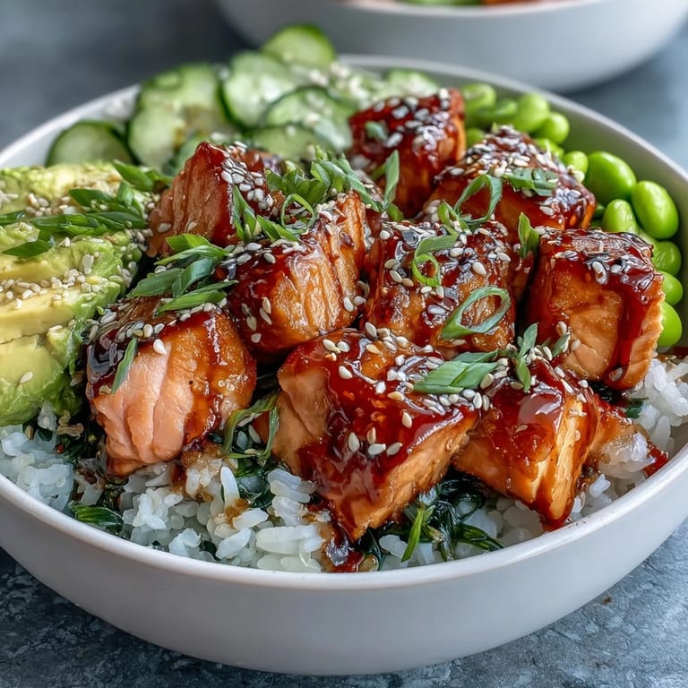 Citrus-lime sriracha mayo drizzled over baked salmon cubes and cucumbers on the Salmon Rice Bowl, serving four.
