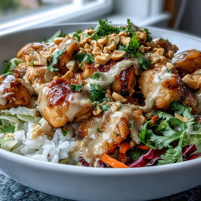 A close-up view of a fresh Peanut Chicken Protein Bowl highlights julienned carrots, red cabbage, and chopped cilantro over warm coconut rice.