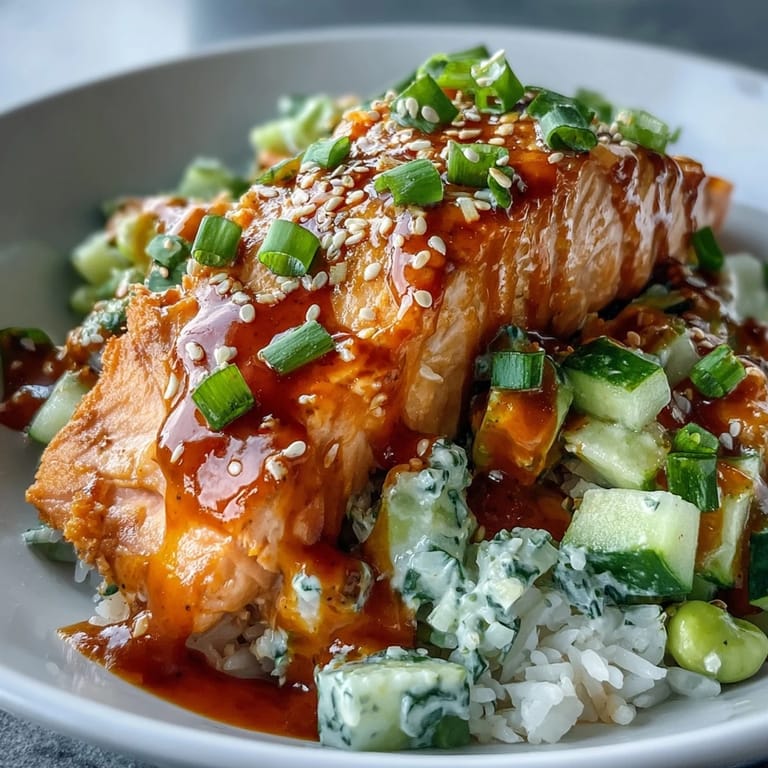 Close-up of Bang Bang Salmon Bowl showcasing juicy salmon, crisp veggies, and toasted sesame seeds over fluffy rice.