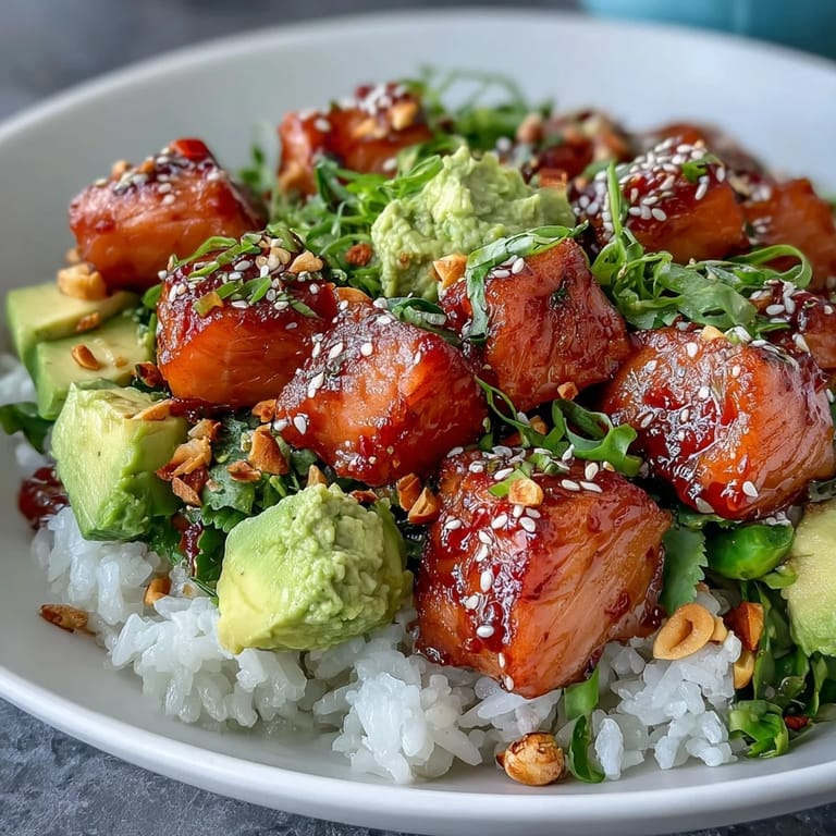 Savory Avocado Salmon Bowl features marinated fish and fresh veggies, served with lime wedges for a zesty squeeze over the warm rice base.