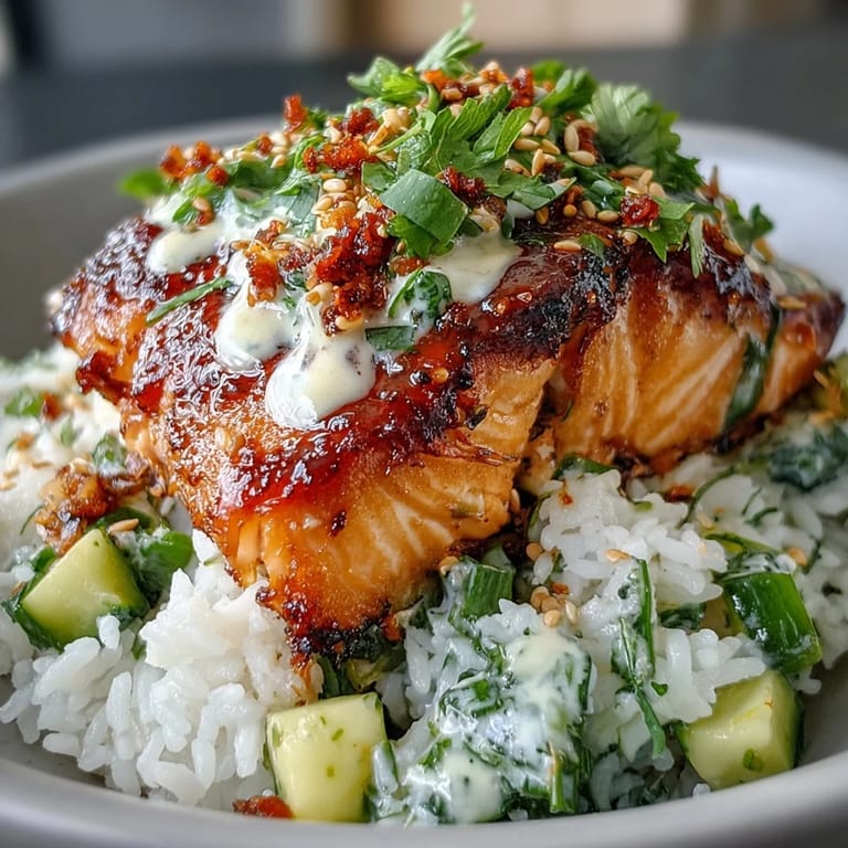 Assembled Bang Bang Salmon Bowl drizzled with spicy bang bang sauce, cilantro, and crisp vegetables.