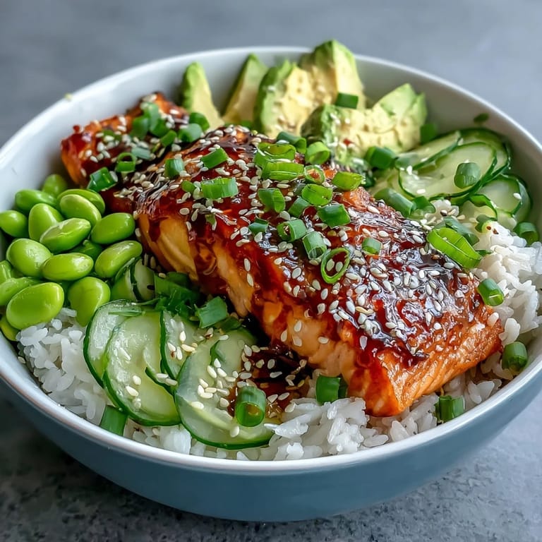 Edamame and creamy avocado add fresh texture to this easy weeknight honey sriracha salmon bowl.