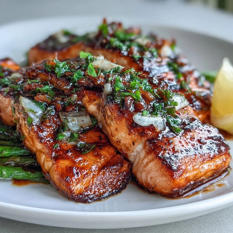 Garlic butter salmon and asparagus bake in a sheet pan, with fresh herbs and lemon adding bright aroma to the rich, savory dish.