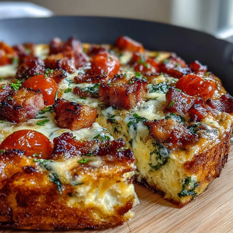 Savory ham and cheese frittata baked until fluffy, loaded with fresh vegetables and melty cheddar in every slice.