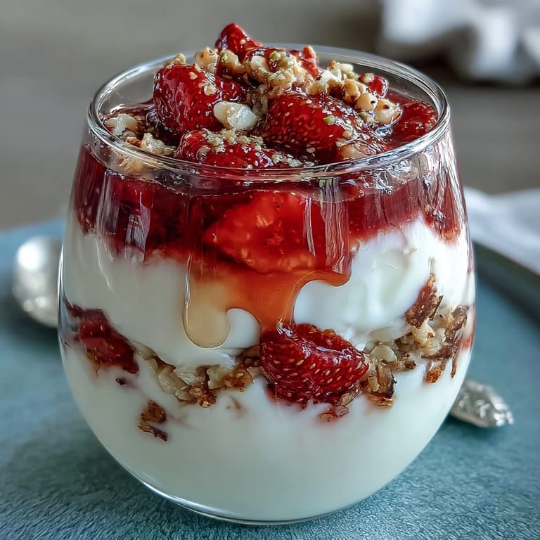 Homemade strawberry compote glistens atop thick Greek yogurt, finished with crunchy nuts and fresh mint for a stunning dessert.