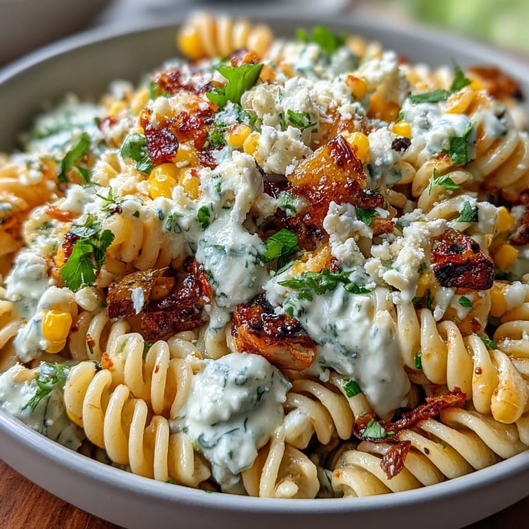 Charred corn and pasta salad inspired by Mexican elote, tossed with smoky chili powder, lime, and fresh vegetables for a crowd-pleasing meal.
