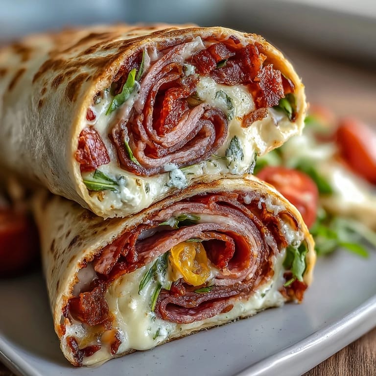 Savory Italian sub pinwheel wraps showcasing deli meats, provolone, and tangy banana peppers, chilled and ready to share.