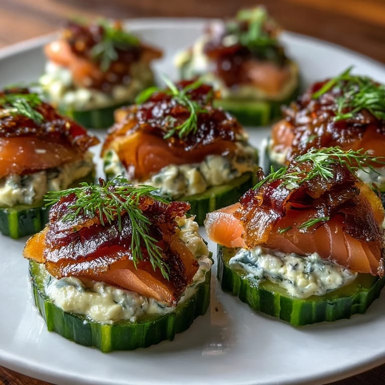 Elegant appetizer of cucumber rounds topped with creamy cheese and smoked salmon, perfect for parties.  