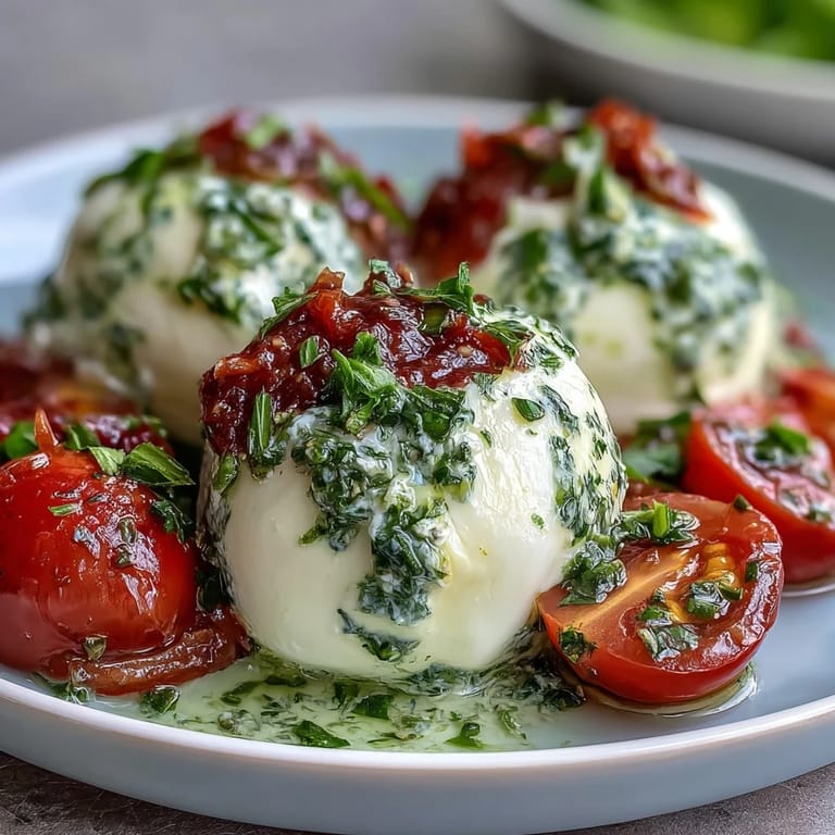 Colorful Caprese skewers with pesto drizzle showcase alternating red tomatoes, white mozzarella, and green basil leaves, drizzled with fragrant homemade basil pesto.