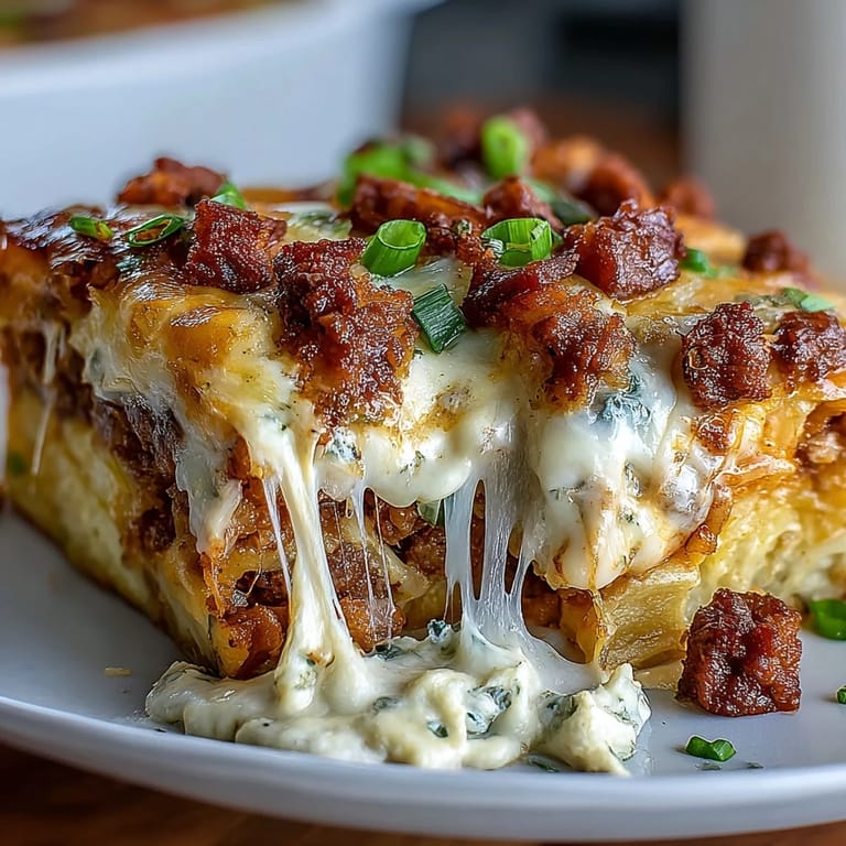 Sausage and egg breakfast bake with golden hash browns and bubbling cheddar cheese.