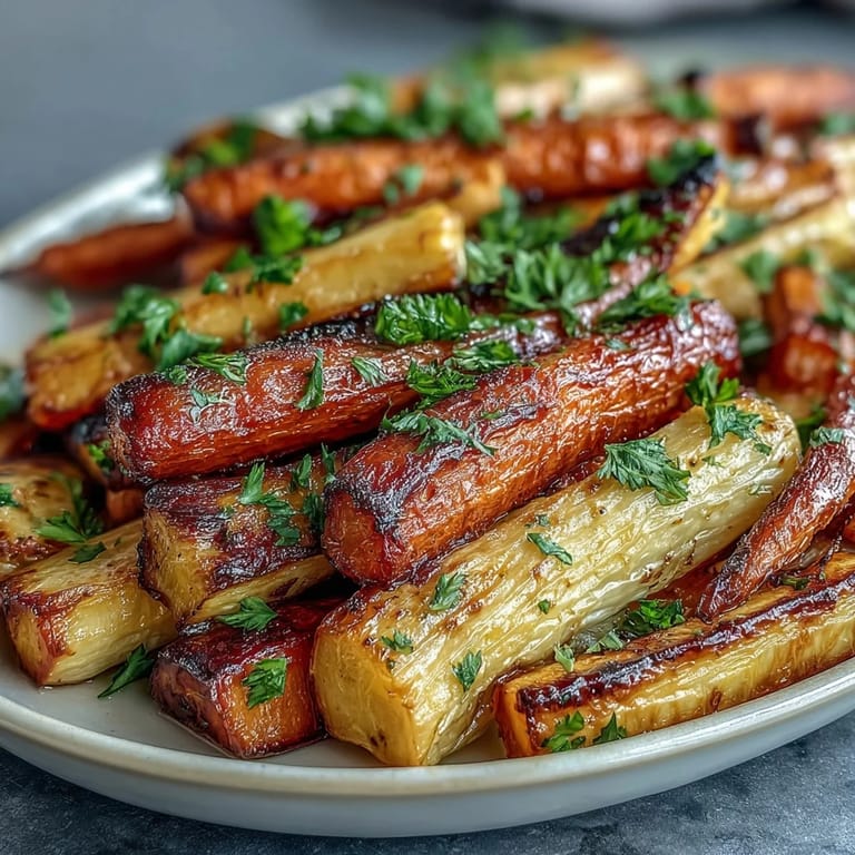 Oven-roasted carrots and parsnips with honey and thyme, caramelized edges and vibrant colors, a delicious vegetarian side.