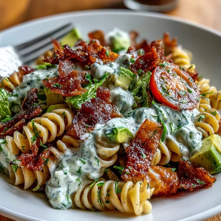 Colorful BLT pasta with avocado ranch, featuring crunchy bacon, juicy tomatoes, and fresh greens in a smooth, tangy dressing.
