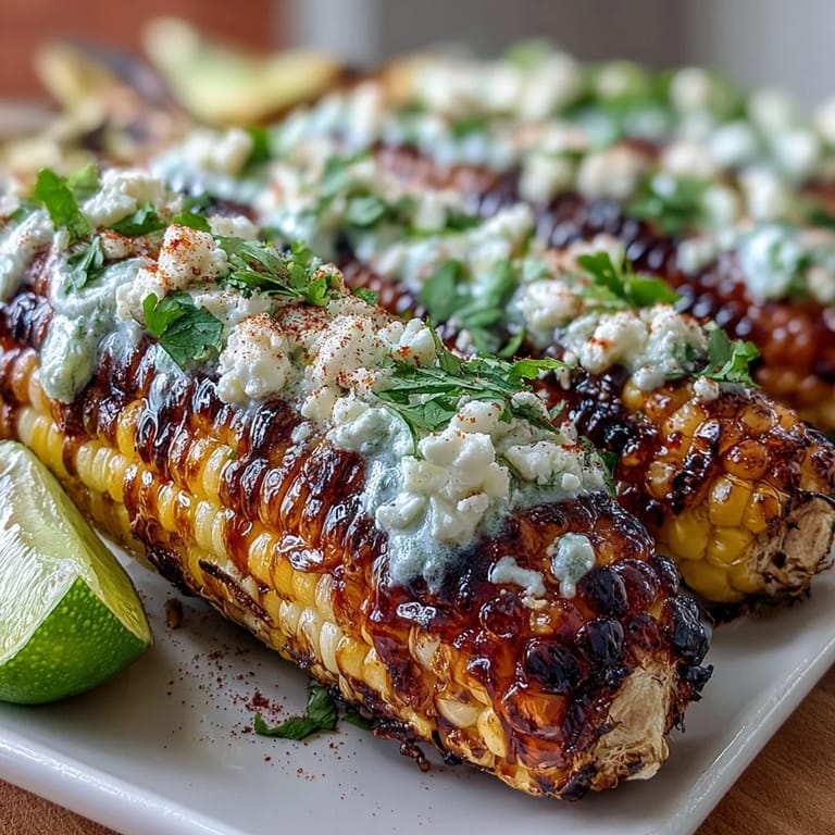 Sweet corn elote style grilled to perfection and coated in rich, zesty sauce with a sprinkle of cheese and chili.