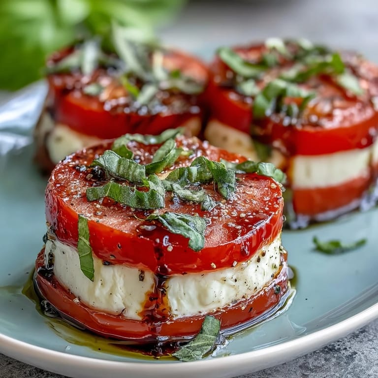 Colorful Caprese salad featuring juicy tomatoes, creamy mozzarella, and aromatic basil oil for a fresh Italian appetizer.