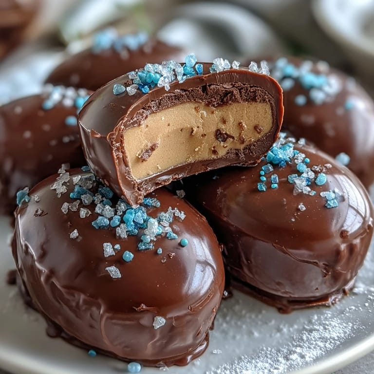 Rich chocolate-dipped peanut butter eggs, soft and creamy inside, decorated with colorful sprinkles for a fun homemade Easter treat.