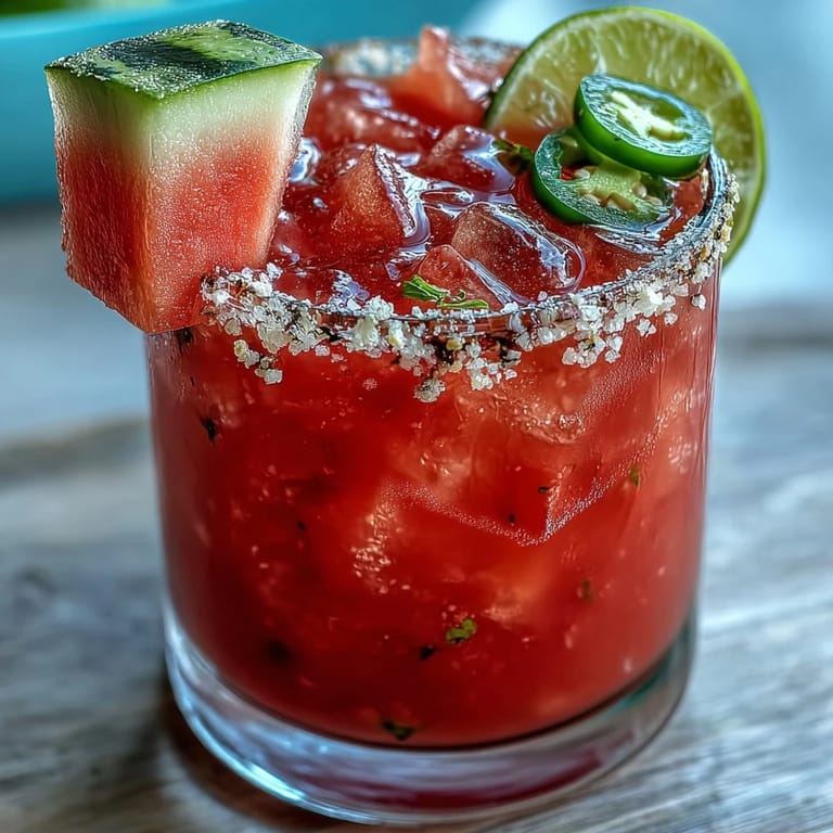 Refreshing, seeded watermelon jalapeño mocktail rimmed with salt, ready to enjoy.