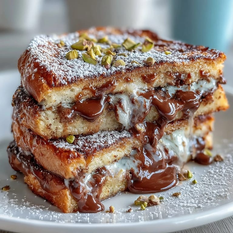 Crispy, decadent Dubai Chocolate Pistachio Croissant French Toast piled high with pistachios.