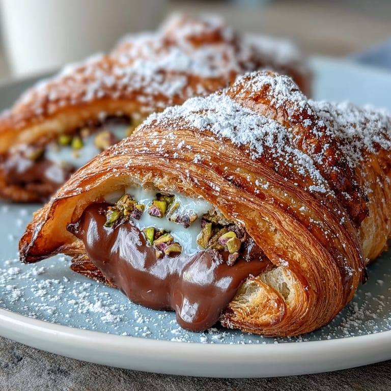 Sweet, luxurious Dubai Chocolate Pistachio Croissant French Toast, perfect for a weekend brunch.