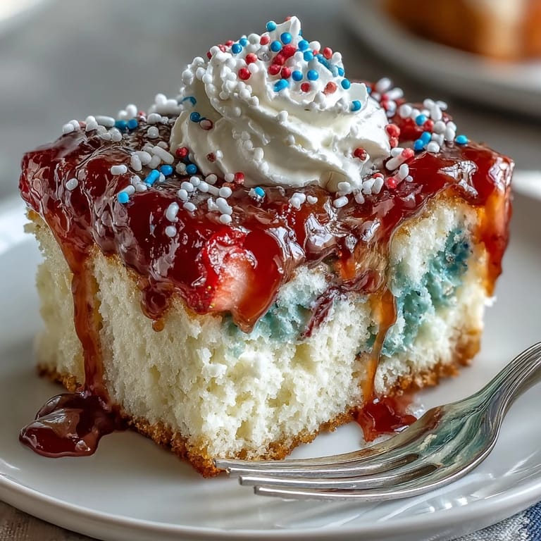 Vibrant Red White Blue Poke Cake swirled with berries, perfect for celebrations.