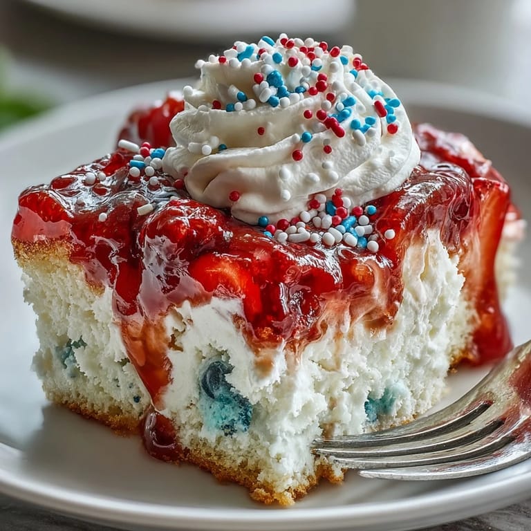 Enjoy this colorful Memorial Day Red White Blue Poke Cake topped with sprinkles.