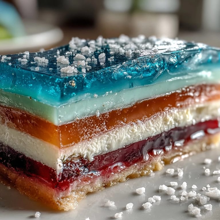 Delectable, layered rainbow jelly cake awaiting a refreshing, cool dessert slice.