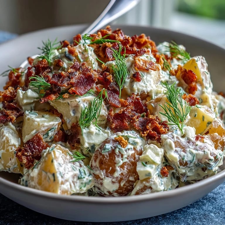Festive Memorial Day Potato Salad, creamy with fresh dill and smoky bacon bits.