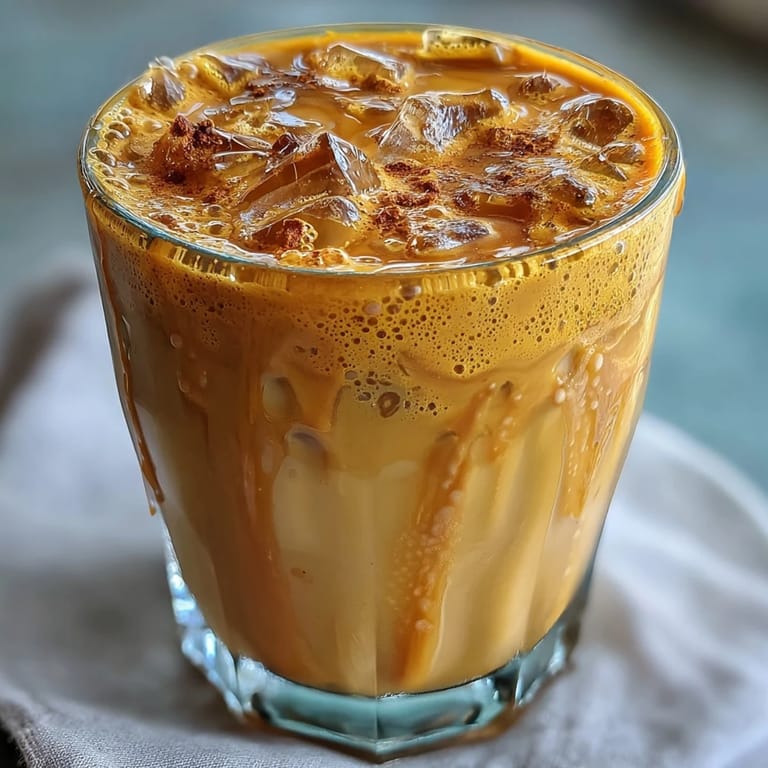 Deliciously blended Turmeric Golden Milk Iced Latte over ice, a healthy, dairy-free treat.