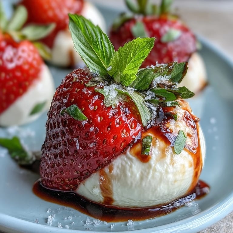 Vibrant Fresh Strawberry Caprese Salad drizzled with balsamic glaze and basil.