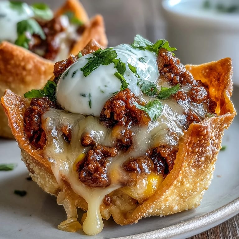 Delicious Mini Taco Cups in Wonton Wrappers, topped with fresh ingredients, ready for serving.
