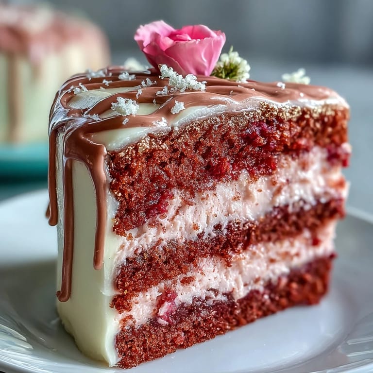 A moist Bridal Shower Rosé Velvet Cake adorned with delicate gold drip accents.