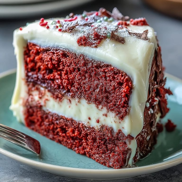 A beautifully layered Juneteenth Red Velvet Cake, showcasing its rich crimson hue.
