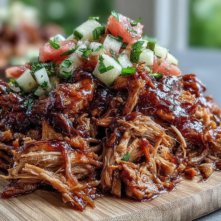 Delectable slow-cooked Juneteenth BBQ pulled pork with vibrant, juicy watermelon slaw.