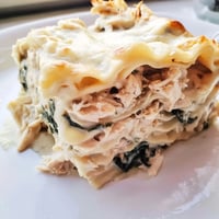 Golden-brown Chicken Alfredo Lasagna bubbling from the oven, featuring creamy layers of shredded chicken, spinach, and melted mozzarella.