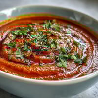 Silky roasted red pepper soup with vibrant color and a touch of spice.