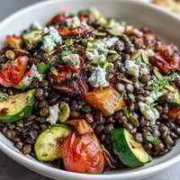 Finished roasted black lentil salad with bell peppers and zucchini tossed in a zesty lemon dressing.