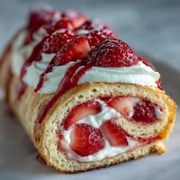 Sliced Strawberry Shortcake Sushi Roll reveals crepe spirals, whipped cream, and fresh strawberries on a clean plate.