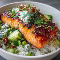 Flaky baked salmon served over jasmine rice with cucumber-edamame salsa and creamy bang bang sauce.