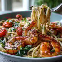 Creamy one-pot garlic shrimp with angel hair pasta in a fragrant lemon sauce, topped with fresh parsley and cherry tomatoes.  