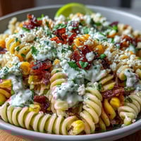 Vibrant Mexican street corn elote pasta salad with charred corn, cotija cheese, and zesty lime dressing in a serving bowl.