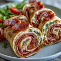 Vibrant Italian sub pinwheel wraps with layers of salami, ham, and provolone cheese, rolled and sliced for easy serving.